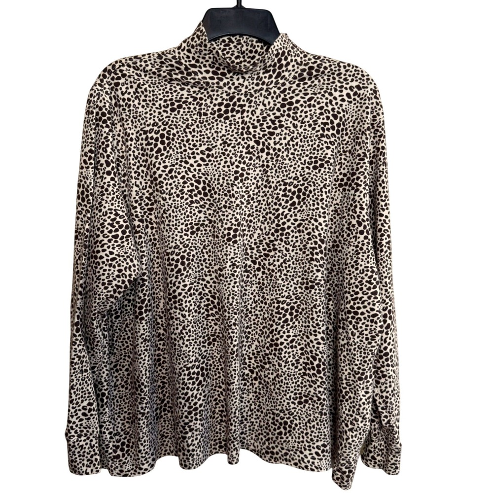 Lands' End Y2K Leopard Mock Neck Top Brown 2X Plus Size Animal Print Cotton